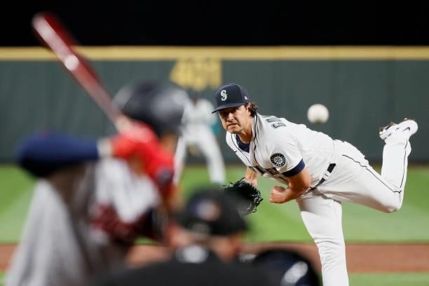 Marco Gonzales of the Seattle Mariners pitches against the Minnesota Twins during the second inning at T-Mobile Park on June 14, 2021 in Seattle,...