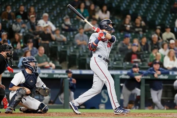 Trevor Larnach of the Minnesota Twins at bat against the Seattle Mariners at T-Mobile Park on June 14, 2021 in Seattle, Washington.