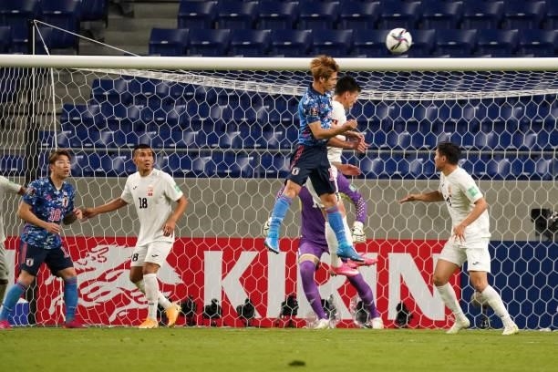 Sho Sakaki of Japan scores his side's fourth goal during the FIFA World Cup Asian Qualifier 2nd round Group F match between Japan and Kyrgyz at...
