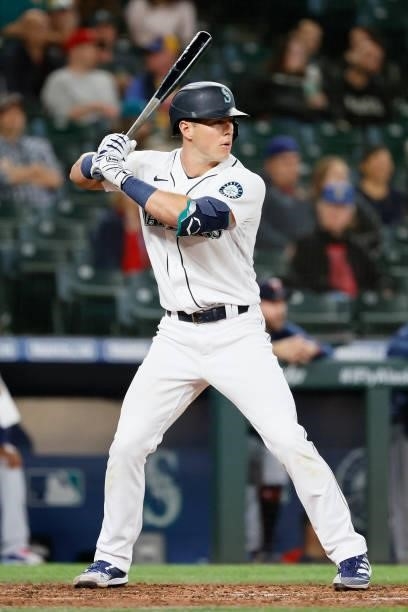 Dylan Moore of the Seattle Mariners at bat against the Minnesota Twins at T-Mobile Park on June 14, 2021 in Seattle, Washington.