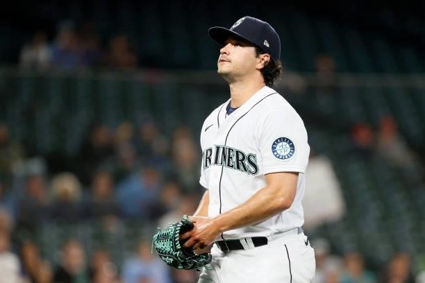 Marco Gonzales of the Seattle Mariners reacts during the game against the Minnesota Twins at T-Mobile Park on June 14, 2021 in Seattle, Washington.