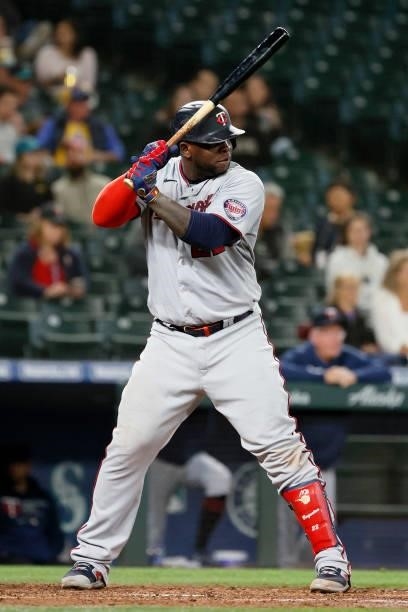 Miguel Sano of the Minnesota Twins at bat against the Seattle Mariners at T-Mobile Park on June 14, 2021 in Seattle, Washington.
