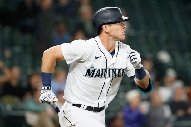 Dylan Moore of the Seattle Mariners in action against the Minnesota Twins at T-Mobile Park on June 14, 2021 in Seattle, Washington.