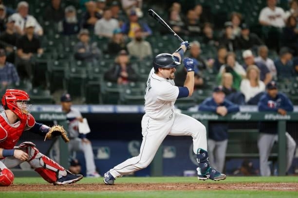 Tom Murphy of the Seattle Mariners at bat against the Minnesota Twins at T-Mobile Park on June 14, 2021 in Seattle, Washington.