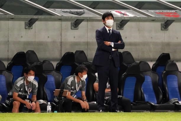 Japan head coach Hajime Moriyasu looks on during the FIFA World Cup Asian Qualifier 2nd round Group F match between Japan and Kyrgyz at Panasonic...