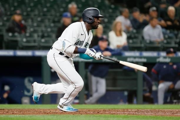 Taylor Trammell of the Seattle Mariners at bat against the Minnesota Twins at T-Mobile Park on June 14, 2021 in Seattle, Washington.