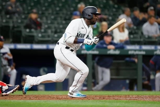 Taylor Trammell of the Seattle Mariners at bat against the Minnesota Twins at T-Mobile Park on June 14, 2021 in Seattle, Washington.
