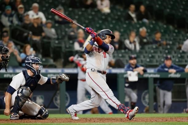 Jorge Polanco of the Minnesota Twins at bat against the Seattle Mariners at T-Mobile Park on June 14, 2021 in Seattle, Washington.