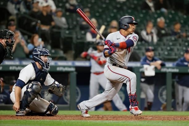 Jorge Polanco of the Minnesota Twins at bat against the Seattle Mariners at T-Mobile Park on June 14, 2021 in Seattle, Washington.