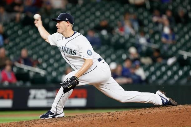 Paul Sewald of the Seattle Mariners pitches against the Minnesota Twins at T-Mobile Park on June 14, 2021 in Seattle, Washington.