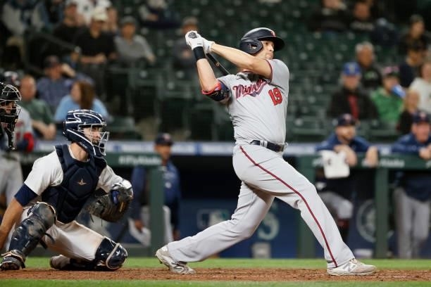Alex Kirilloff of the Minnesota Twins at bat against the Seattle Mariners at T-Mobile Park on June 14, 2021 in Seattle, Washington.