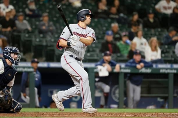 Alex Kirilloff of the Minnesota Twins at bat against the Seattle Mariners at T-Mobile Park on June 14, 2021 in Seattle, Washington.