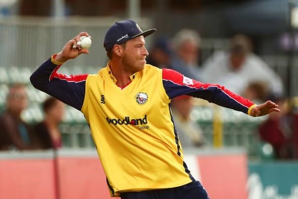 Tom Westley of Essex Eagles throws the ball during the Vitality T20 Blast match between Essex Eagles and Sussex Sharks at Cloudfm County Ground on...