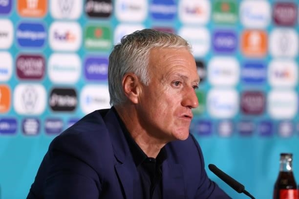 In this Handout picture provided by UEFA, Didier Deschamps, Head Coach of France speaks to the media during the France Press Conference after the...