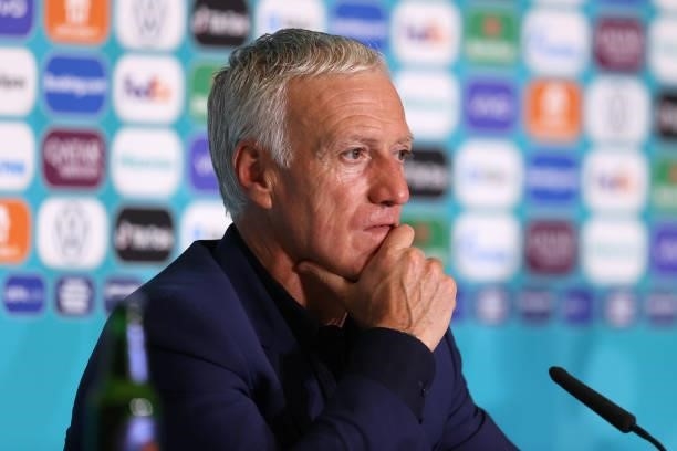 In this Handout picture provided by UEFA, Didier Deschamps, Head Coach of France speaks to the media during the France Press Conference after the...