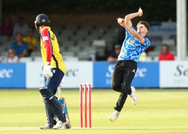 George Garton of Sussex Sharks bowls during the Vitality T20 Blast match between Essex Eagles and Sussex Sharks at Cloudfm County Ground on June 15,...