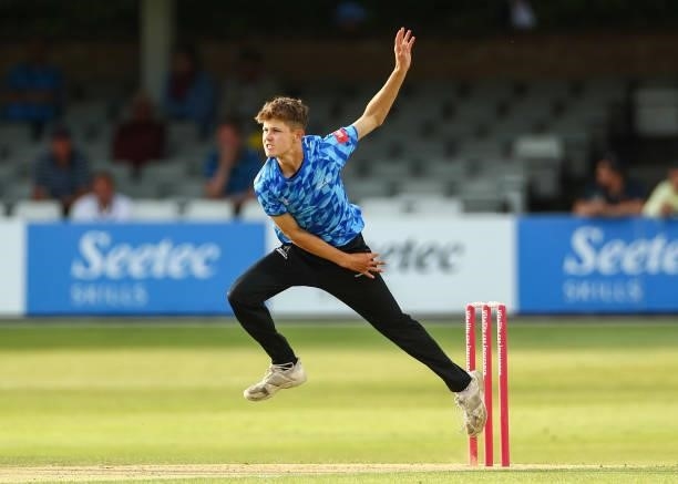 Archie Lenham of Sussex Sharks bowls during the Vitality T20 Blast match between Essex Eagles and Sussex Sharks at Cloudfm County Ground on June 15,...