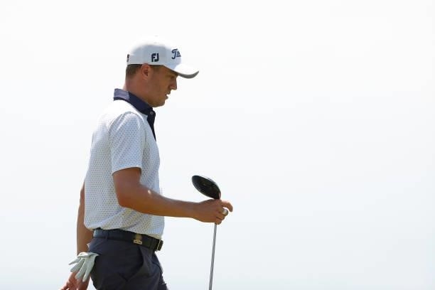 Justin Thomas of the United States walks to the 15th tee during a practice round prior to the start of the 2021 U.S. Open at Torrey Pines Golf Course...