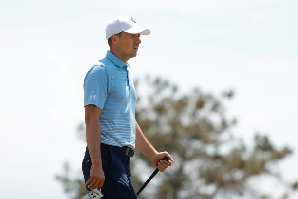 Jordan Spieth of the United States looks on from the 15th tee during a practice round prior to the start of the 2021 U.S. Open at Torrey Pines Golf...