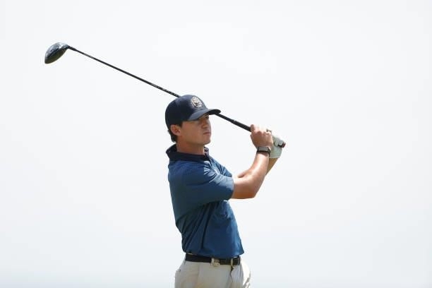 Michael Johnson of the United States plays his shot from the 15th tee during a practice round prior to the start of the 2021 U.S. Open at Torrey...