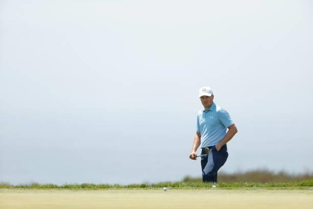 Jordan Spieth of the United States looks on from the 14th green during a practice round prior to the start of the 2021 U.S. Open at Torrey Pines Golf...