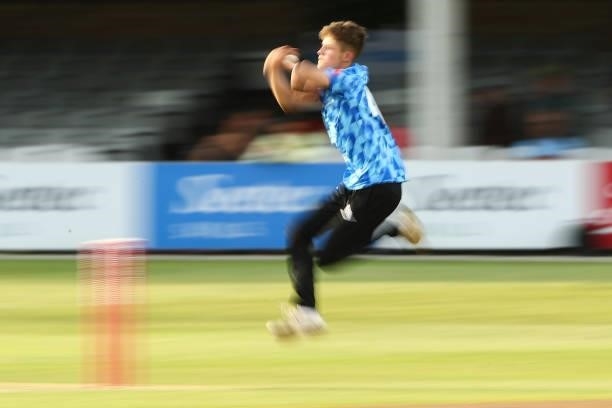 Archie Lenham of Sussex Sharks bowls during the Vitality T20 Blast match between Essex Eagles and Sussex Sharks at Cloudfm County Ground on June 15,...