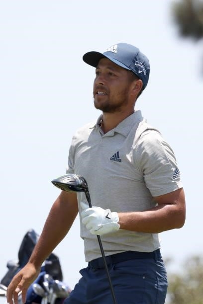 Xander Schauffele of the United States watches his shot from the sixth tee during a practice round prior to the start of the 2021 U.S. Open at Torrey...