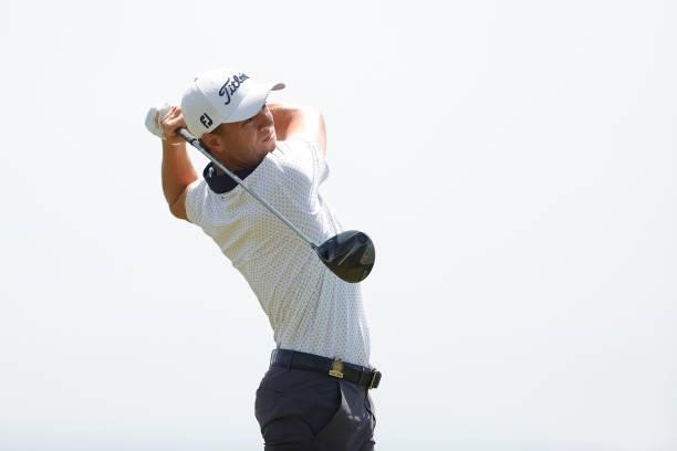 Justin Thomas of the United States plays his shot from the 15th tee during a practice round prior to the start of the 2021 U.S. Open at Torrey Pines...
