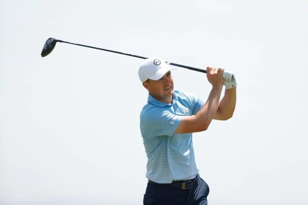Jordan Spieth of the United States plays his shot from the 15th tee during a practice round prior to the start of the 2021 U.S. Open at Torrey Pines...