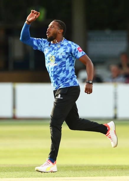 Chris Jordan of Sussex Sharks reacts during the Vitality T20 Blast match between Essex Eagles and Sussex Sharks at Cloudfm County Ground on June 15,...