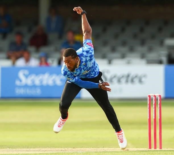 Chris Jordan of Sussex Sharks bowls during the Vitality T20 Blast match between Essex Eagles and Sussex Sharks at Cloudfm County Ground on June 15,...