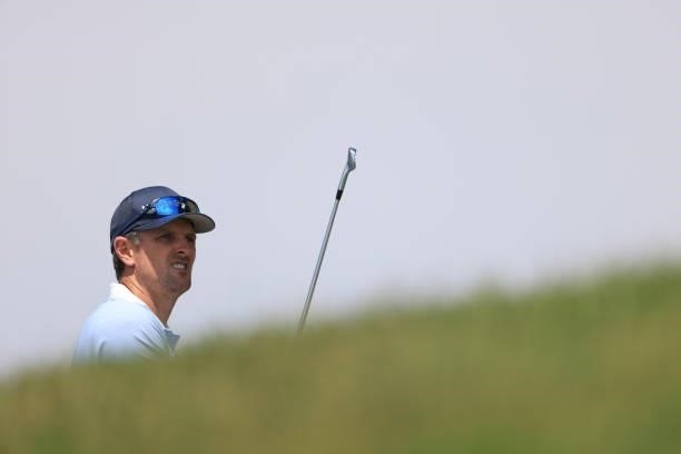 Justin Rose of England looks on during a practice round prior to the start of the 2021 U.S. Open at Torrey Pines Golf Course on June 15, 2021 in San...