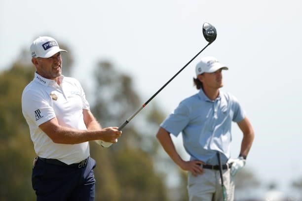 Lee Westwood of England looks on from the 15th tee during a practice round prior to the start of the 2021 U.S. Open at Torrey Pines Golf Course on...