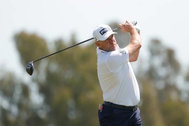 Lee Westwood of England plays his shot from the 15th tee during a practice round prior to the start of the 2021 U.S. Open at Torrey Pines Golf Course...