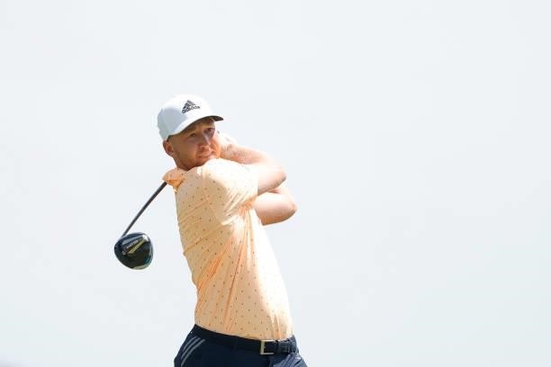 Daniel Berger of the United States plays his shot from the 15th tee during a practice round prior to the start of the 2021 U.S. Open at Torrey Pines...