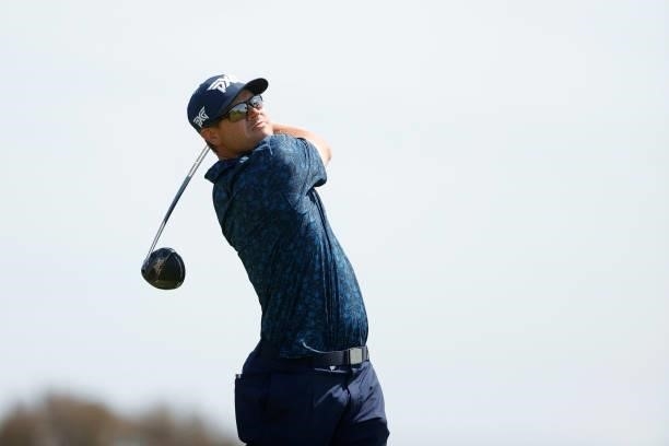 Kyle Westmoreland of the United States plays his shot from the 15th tee during a practice round prior to the start of the 2021 U.S. Open at Torrey...