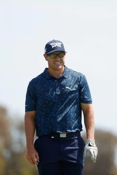 Kyle Westmoreland of the United States smiles on the 15th hole during a practice round prior to the start of the 2021 U.S. Open at Torrey Pines Golf...