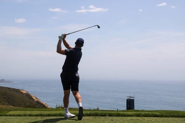Matt Wallace of England plays his shot from the third tee during a practice round prior to the start of the 2021 U.S. Open at Torrey Pines Golf...