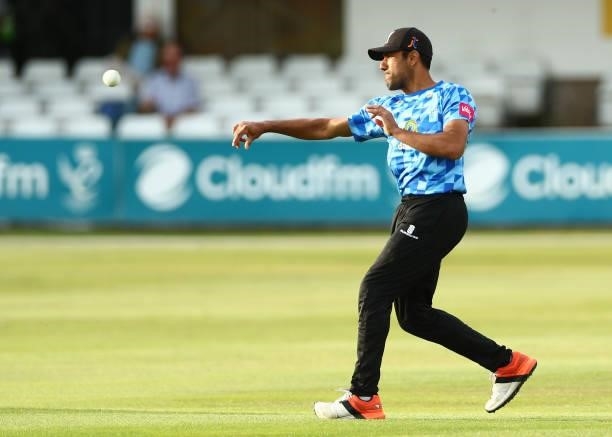 Ravi Bopara of Sussex Sharks throws the ball during the Vitality T20 Blast match between Essex Eagles and Sussex Sharks at Cloudfm County Ground on...
