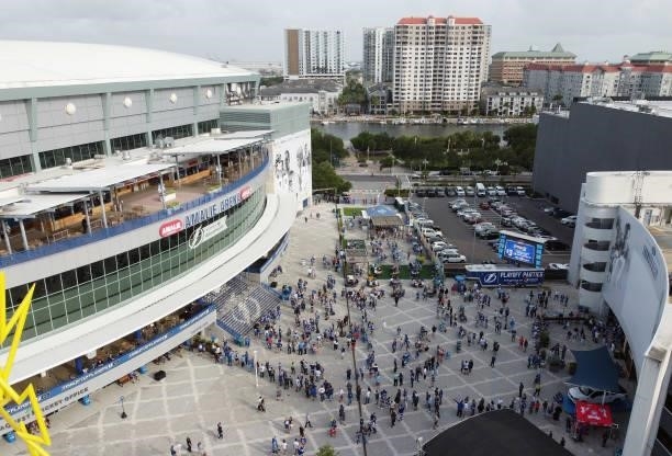 In an aerial view, fans arrive for the game between the Tampa Bay Lightning and the New York Islanders in Game Two of the Stanley Cup Semifinals...
