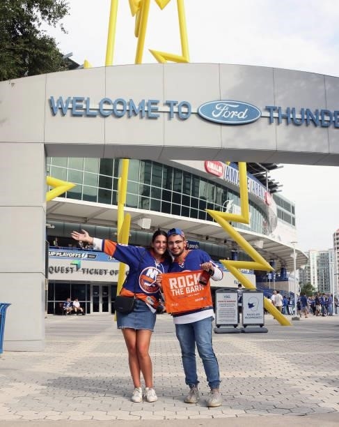 Fans arrive for the game between the Tampa Bay Lightning and the New York Islanders in Game Two of the Stanley Cup Semifinals during the 2021 Stanley...
