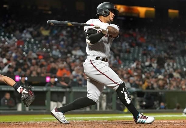 Ketel Marte of the Arizona Diamondbacks bats against the San Francisco Giants in the top of the seventh inning at Oracle Park on June 14, 2021 in San...