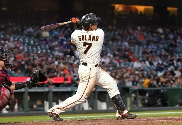 Donovan Solano of the San Francisco Giants bats against the Arizona Diamondbacks in the bottom of the six inning at Oracle Park on June 14, 2021 in...