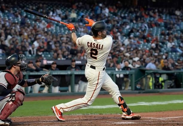 Curt Casali of the San Francisco Giants bats against the Arizona Diamondbacks in the bottom of the fifth inning at Oracle Park on June 14, 2021 in...
