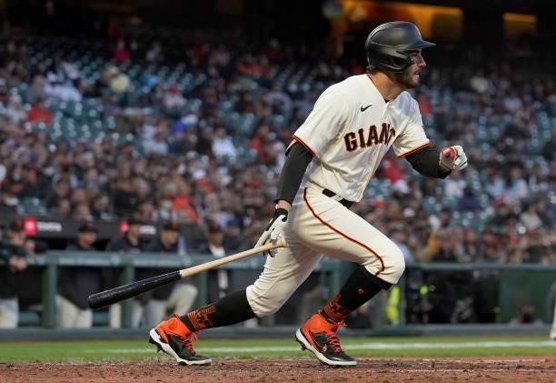 Mike Tauchman of the San Francisco Giants bats against the Arizona Diamondbacks in the bottom of the fifth inning at Oracle Park on June 14, 2021 in...