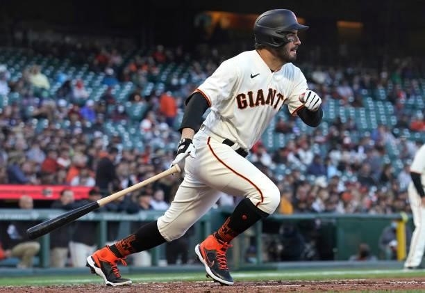 Mike Tauchman of the San Francisco Giants bats against the Arizona Diamondbacks in the bottom of the third inning at Oracle Park on June 14, 2021 in...