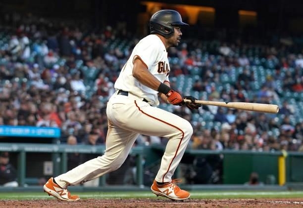 LaMonte Wade Jr of the San Francisco Giants bats against the Arizona Diamondbacks in the bottom of the fourth inning at Oracle Park on June 14, 2021...