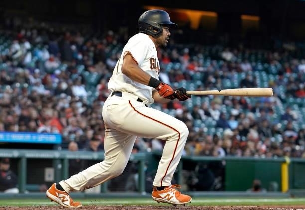 LaMonte Wade Jr of the San Francisco Giants bats against the Arizona Diamondbacks in the bottom of the fourth inning at Oracle Park on June 14, 2021...