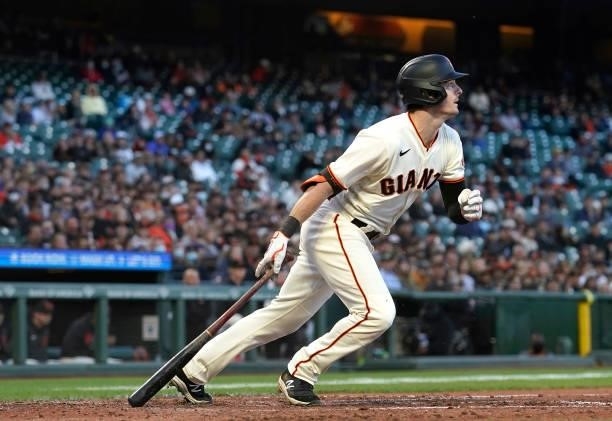 Mike Yastrzemski of the San Francisco Giants bats against the Arizona Diamondbacks in the bottom of the fourth inning at Oracle Park on June 14, 2021...