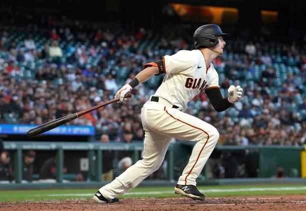 Mike Yastrzemski of the San Francisco Giants bats against the Arizona Diamondbacks in the bottom of the fourth inning at Oracle Park on June 14, 2021...